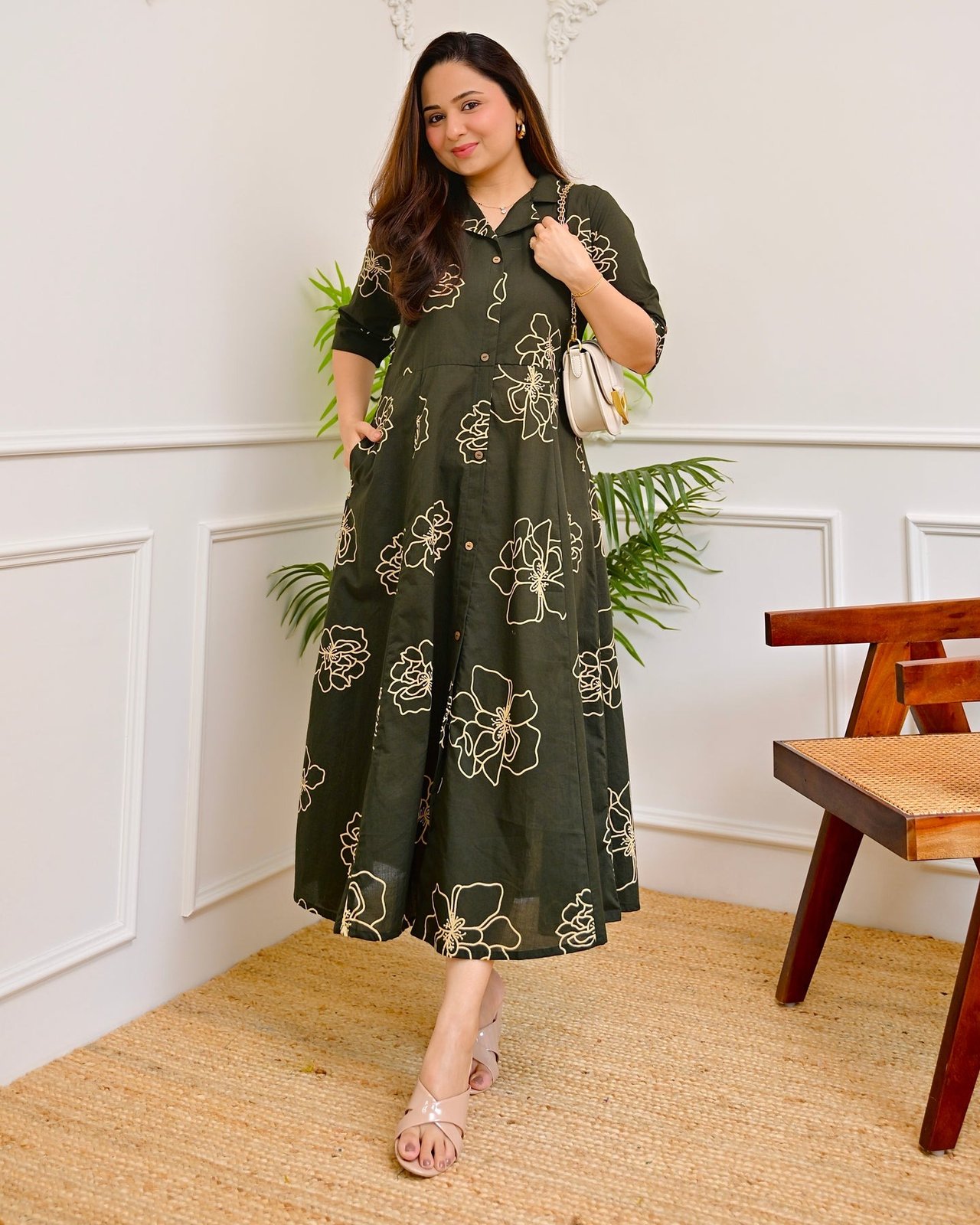 Women's Floral Print Midi Dress, Rayon, A-Line Fit and Flare, Shirt Collar, Half Sleeves, Casual Wear