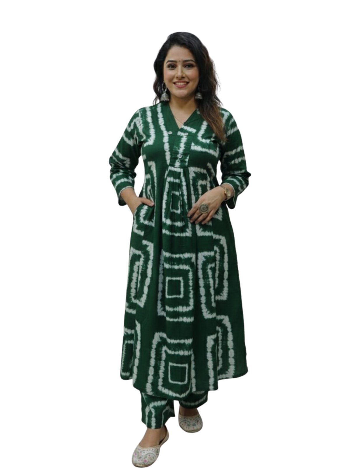 Women's Cotton Blend Ikat Print Salwar Suit Set with Kurta and Palazzo, Mandarin Collar, 3/4 Sleeves, 1 Pockets, Regular Fit