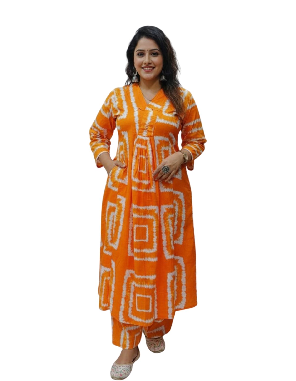 Women's Cotton Blend Ikat Print Salwar Suit Set with Kurta and Palazzo, Mandarin Collar, 3/4 Sleeves, 1 Pockets, Regular Fit