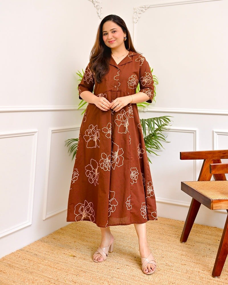 Women's Floral Print Midi Dress, Rayon, A-Line Fit and Flare, Shirt Collar, Half Sleeves, Casual Wear