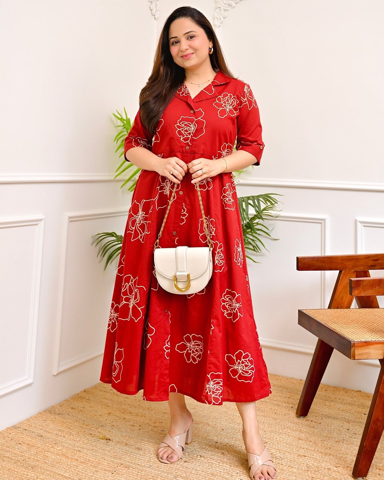 Women's Floral Print Midi Dress, Rayon, A-Line Fit and Flare, Shirt Collar, Half Sleeves, Casual Wear