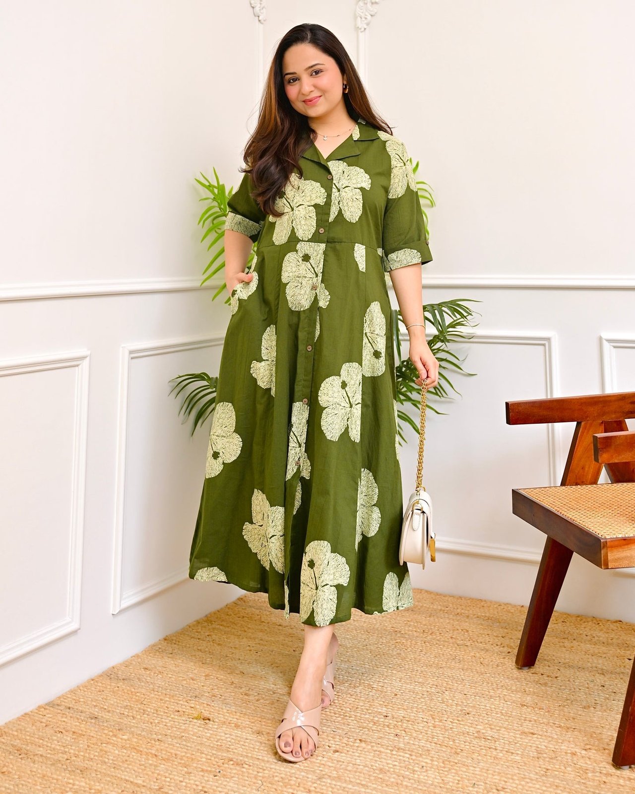 Women's Floral Print Midi Shirt Dress, Half Sleeve, Button-Down, A-Line Fit, Casual Summer Wear