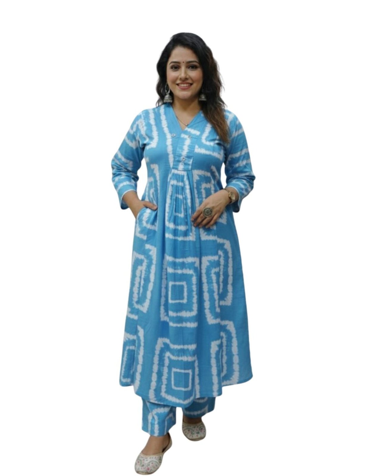 Women's Cotton Blend Ikat Print Salwar Suit Set with Kurta and Palazzo, Mandarin Collar, 3/4 Sleeves, 1 Pockets, Regular Fit