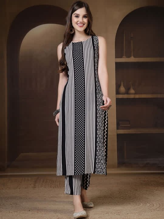 Women's Black & White Striped Sleeveless Kurta with Palazzo