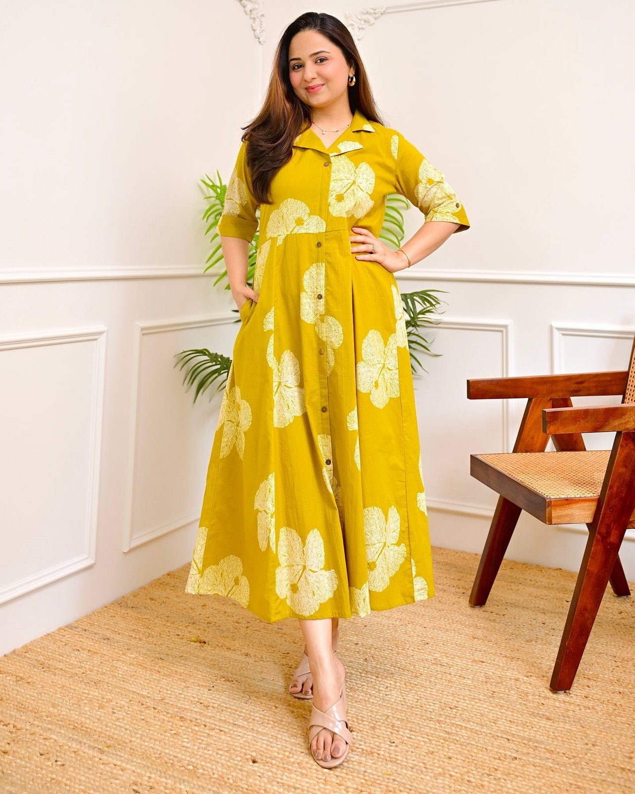 Women's Floral Print Midi Shirt Dress, Half Sleeve, Button-Down, A-Line Fit, Casual Summer Wear